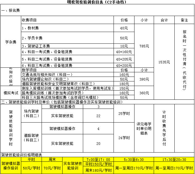 上海明松驾校C2价格表